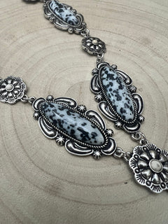 Western Faux White Buffalo Lariat Statement Necklace - 24 inch - Cowhide and Conchos