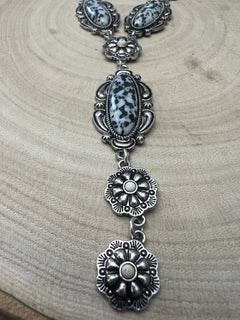 Western Faux White Buffalo Lariat Statement Necklace - 24 inch - Cowhide and Conchos