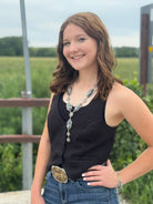 Western Faux White Buffalo Lariat Statement Necklace - 24 inch - Cowhide and Conchos