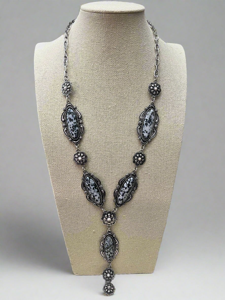 Western Faux White Buffalo Lariat Statement Necklace - 24 inch - Cowhide and Conchos