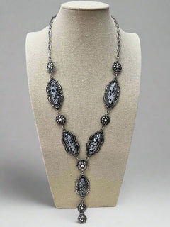 Western Faux White Buffalo Lariat Statement Necklace - 24 inch - Cowhide and Conchos