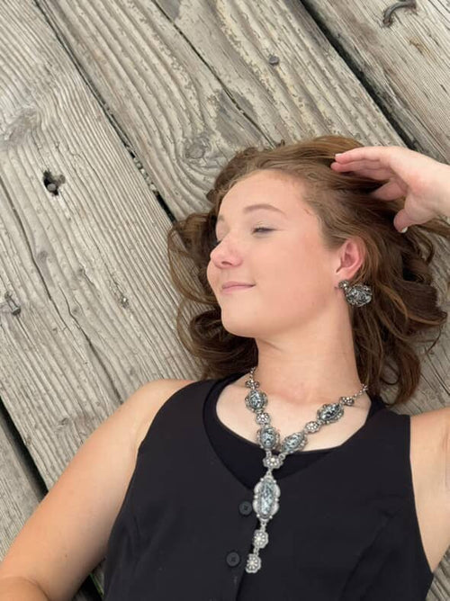 Western Faux White Buffalo Lariat Statement Necklace - 24 inch - Cowhide and Conchos