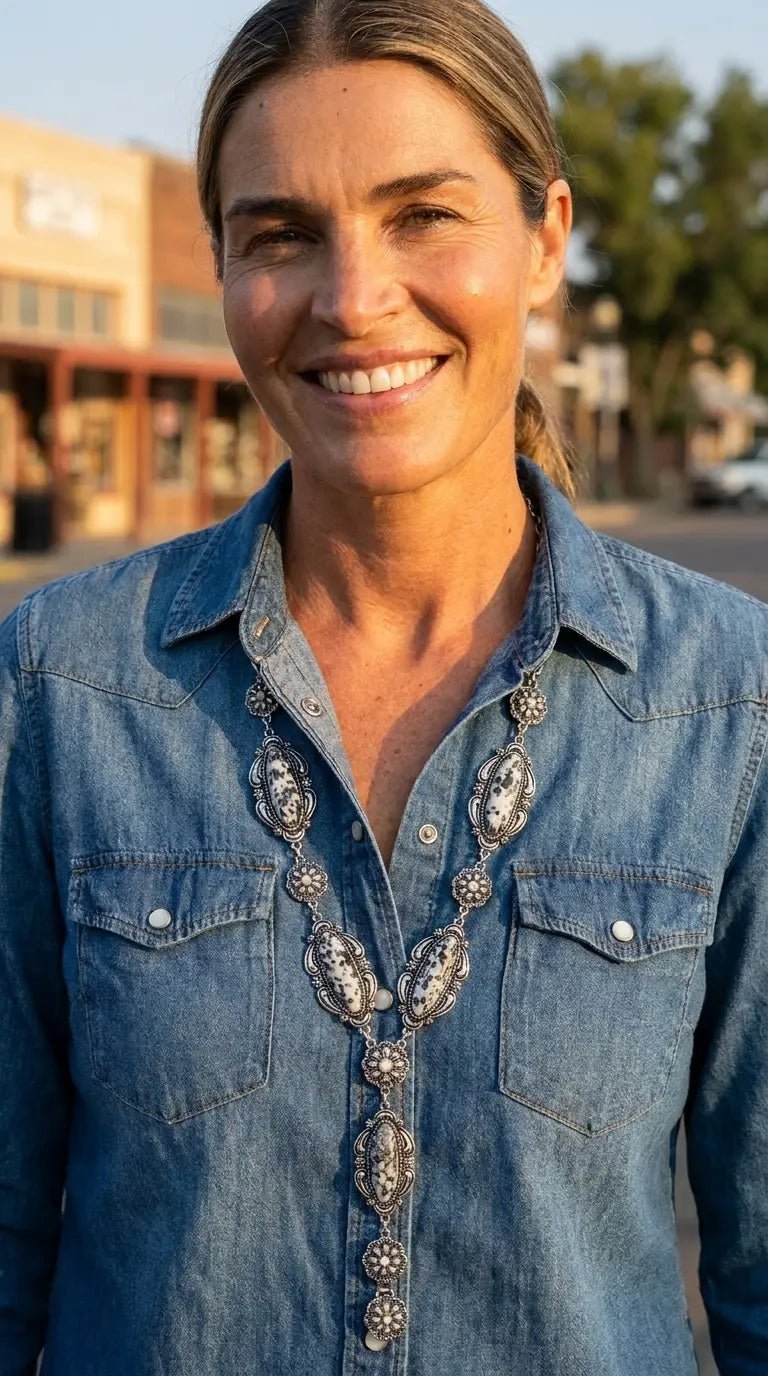 Western Faux White Buffalo Lariat Statement Necklace — 24 Inch Bold Statement - Cowhide and Conchos