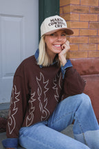 Western Flame Boots Stitch Pullover Sweatshirt - Brown or Red available - Cowhide and Conchos