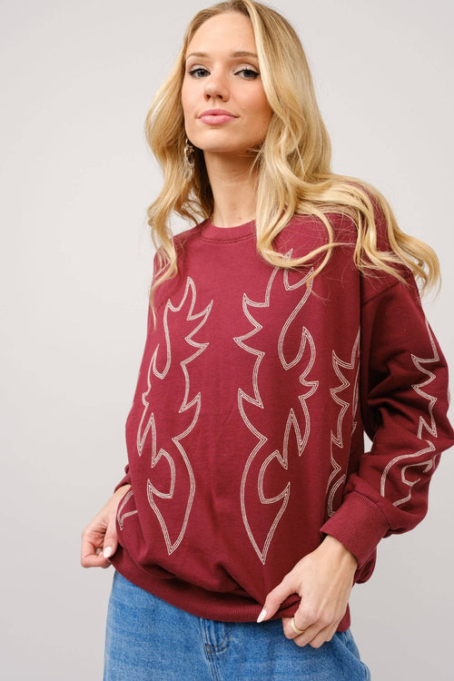 Western Flame Boots Stitch Pullover Sweatshirt - Brown or Red available - Cowhide and Conchos