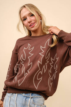 Western Flame Boots Stitch Pullover Sweatshirt - Brown or Red available - Cowhide and Conchos
