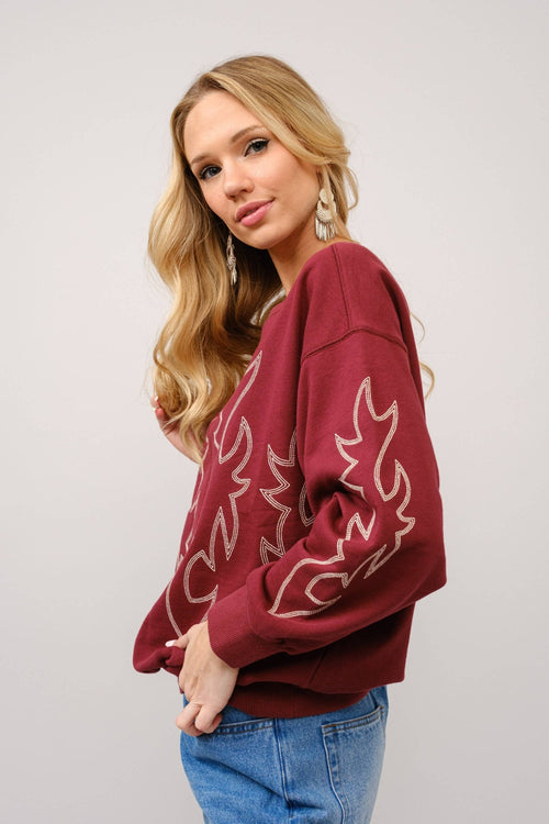 Western Flame Boots Stitch Pullover Sweatshirt - Brown or Red available - Cowhide and Conchos