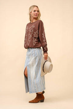 Western Flame Boots Stitch Pullover Sweatshirt - Brown or Red available - Cowhide and Conchos