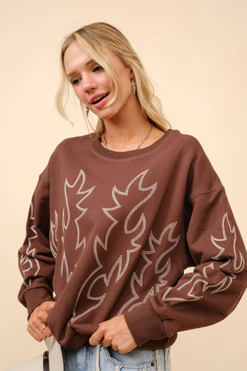 Western Flame Boots Stitch Pullover Sweatshirt - Brown or Red available - Cowhide and Conchos