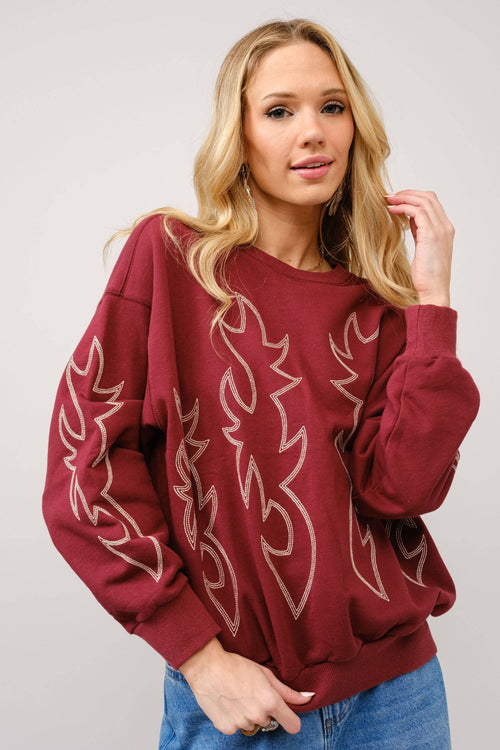 Western Flame Boots Stitch Pullover Sweatshirt - Brown or Red available - Cowhide and Conchos