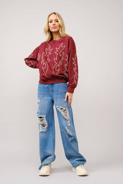 Western Flame Boots Stitch Pullover Sweatshirt - Brown or Red available - Cowhide and Conchos