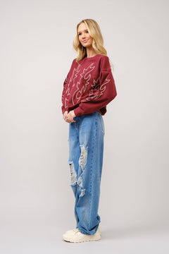 Western Flame Boots Stitch Pullover Sweatshirt - Brown or Red available - Cowhide and Conchos
