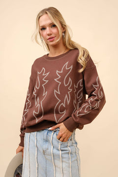 Western Flame Boots Stitch Pullover Sweatshirt - Brown or Red available - Cowhide and Conchos