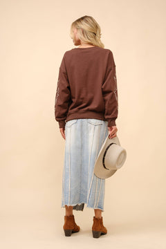 Western Flame Boots Stitch Pullover Sweatshirt - Brown or Red available - Cowhide and Conchos