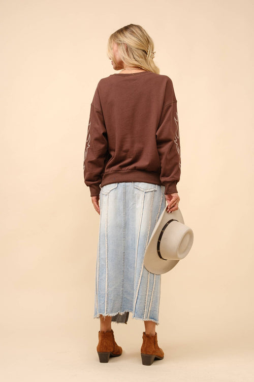 Western Flame Boots Stitch Pullover Sweatshirt - Brown or Red available - Cowhide and Conchos