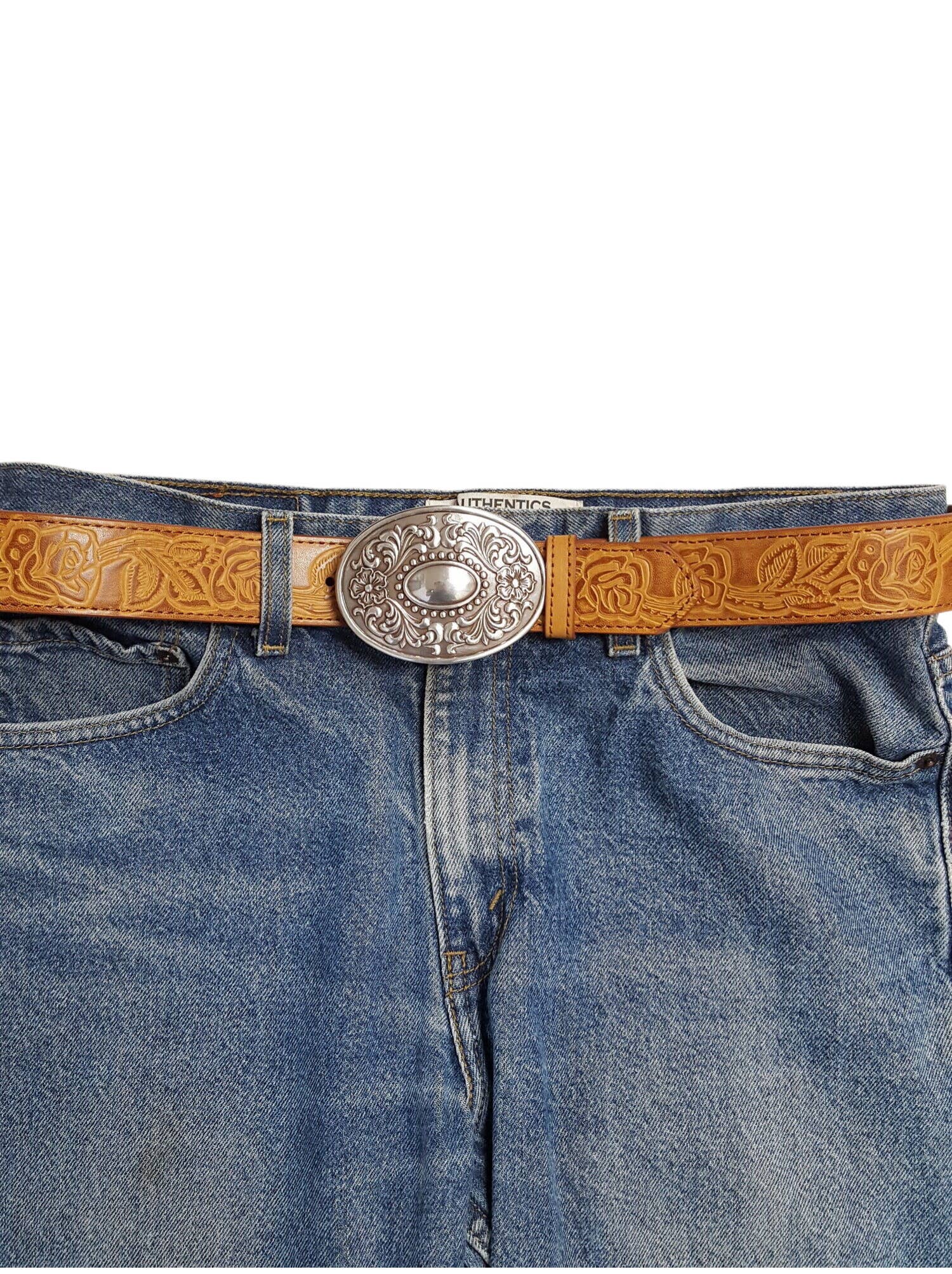 Western Floral Etched Buckle - Cowhide and Conchos