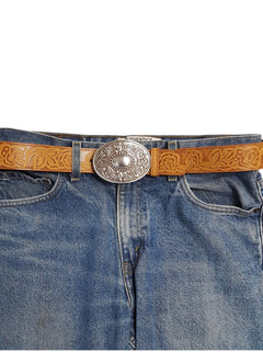 Western Floral Etched Buckle - Cowhide and Conchos