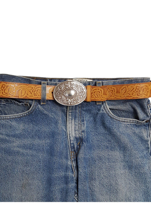 Western Floral Etched Buckle - Cowhide and Conchos