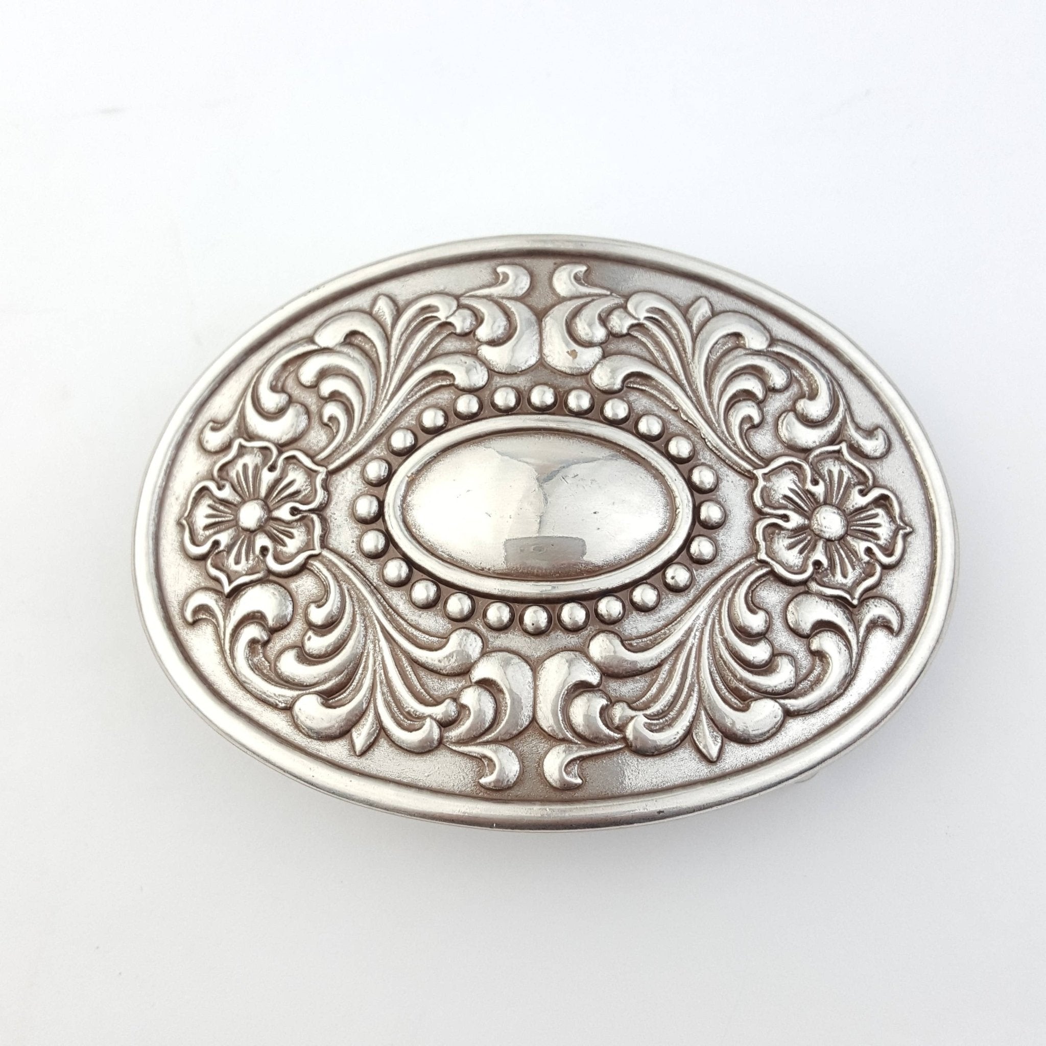 Western Floral Etched Buckle - Cowhide and Conchos