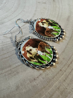 Western Framed Cow Calf Fashion Earrings - Cowhide and Conchos