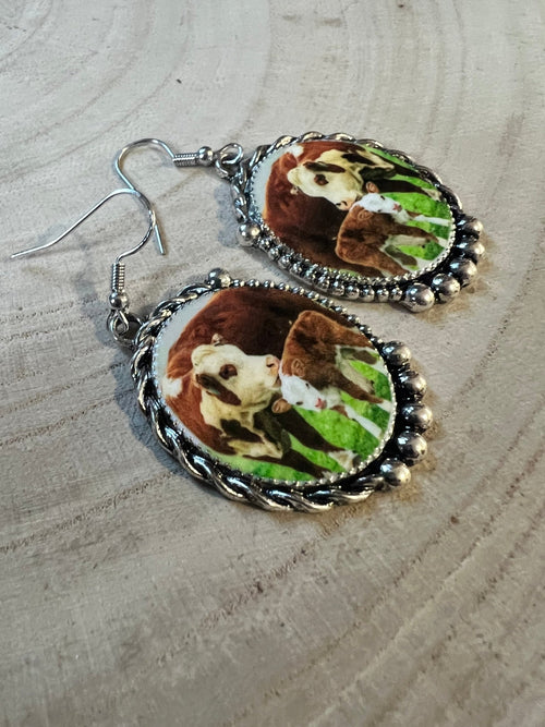 Western Framed Cow Calf Fashion Earrings - Cowhide and Conchos