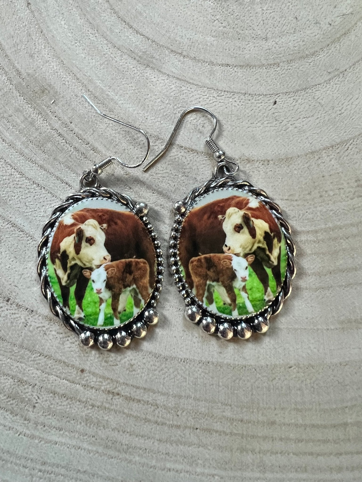Western Framed Cow Calf Fashion Earrings - Cowhide and Conchos