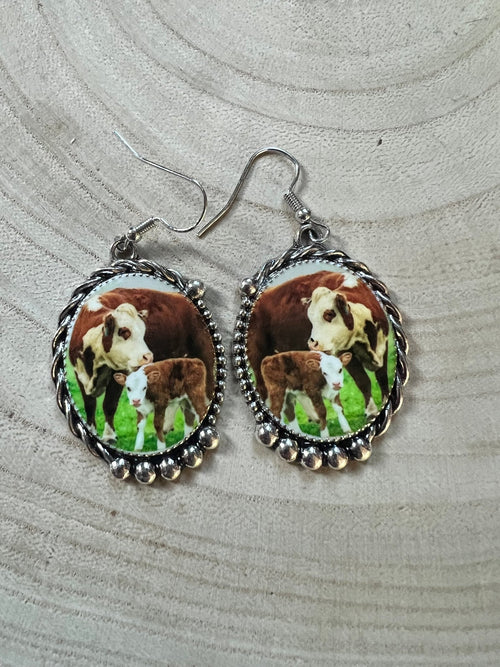 Western Framed Cow Calf Fashion Earrings - Cowhide and Conchos