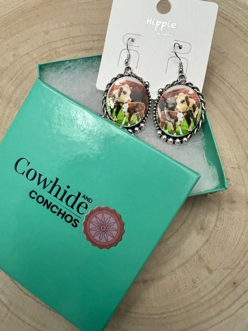 Western Framed Cow Calf Fashion Earrings - Cowhide and Conchos