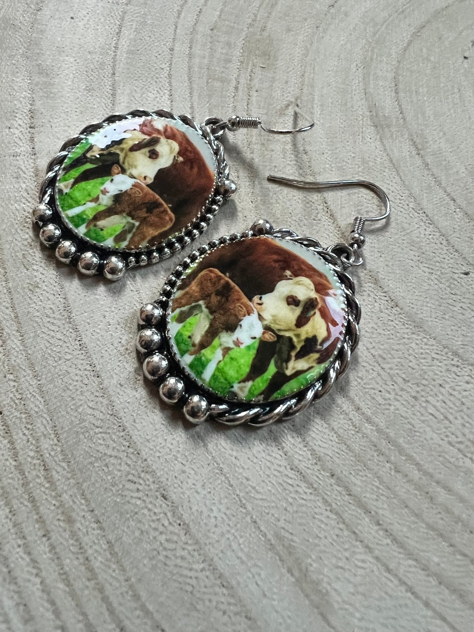 Western Framed Cow Calf Fashion Earrings - Cowhide and Conchos