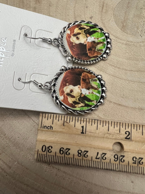 Western Framed Cow Calf Fashion Earrings - Cowhide and Conchos