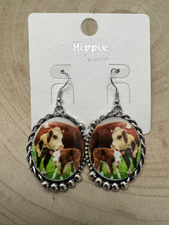 Western Framed Cow Calf Fashion Earrings - Cowhide and Conchos
