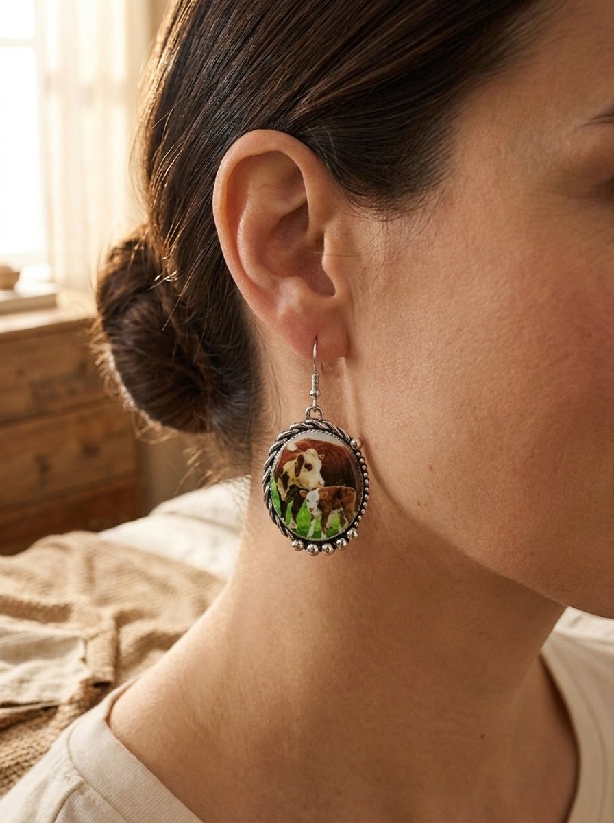 Western Framed Cow Calf Fashion Earrings — Ranch Life Statement (1½" x 1") - Cowhide and Conchos