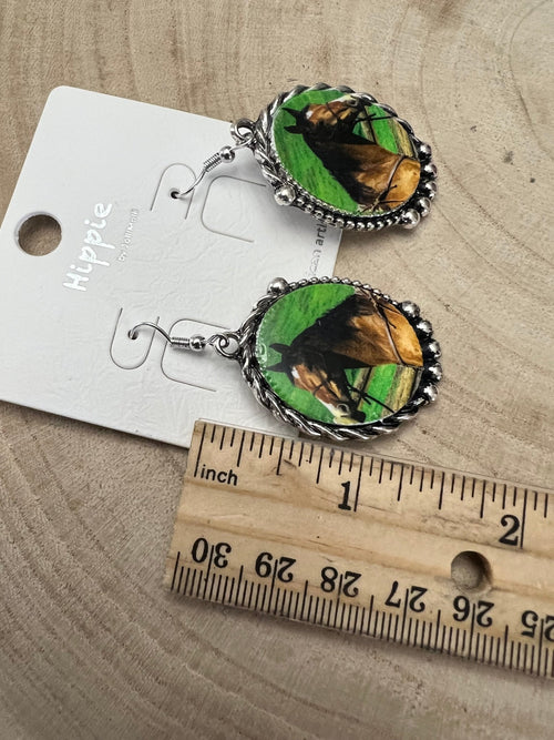 Western Framed Horse Fashion Earrings - Cowhide and Conchos