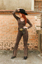 Western Fringe Mineral Wash Flare Jumpsuit - Dark Brown - Cowhide and Conchos