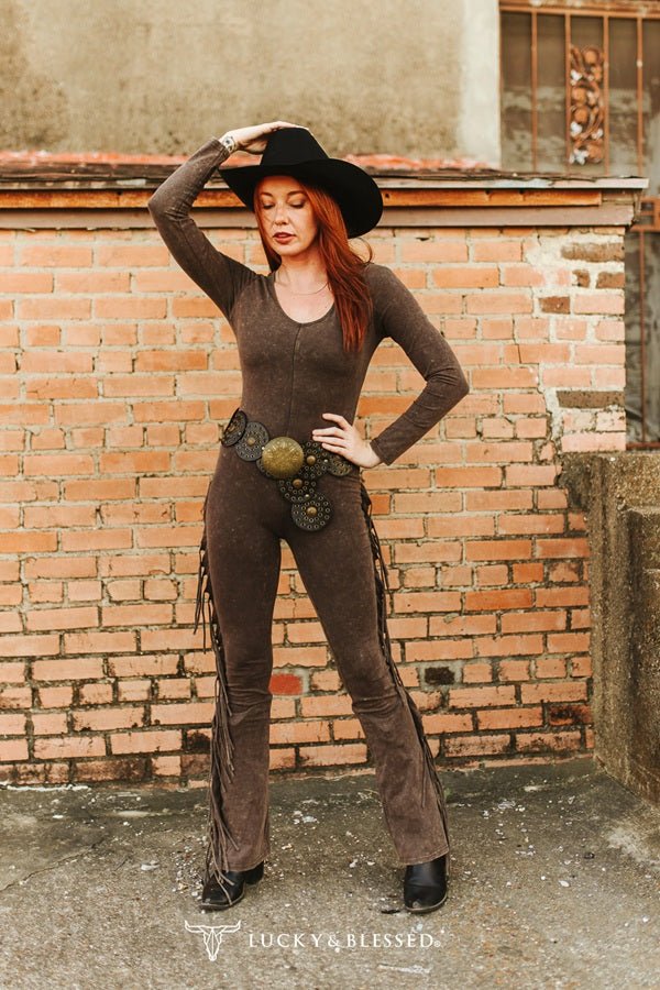 Western Fringe Mineral Wash Flare Jumpsuit - Dark Brown - Cowhide and Conchos