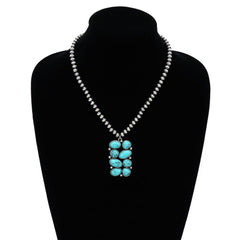 Western Geometric Stone Pendant with Faux Pearl Necklace - 18 inch - Cowhide and Conchos