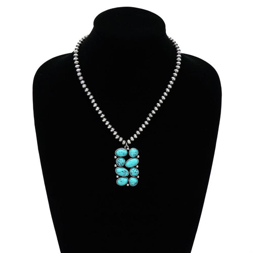 Western Geometric Stone Pendant with Faux Pearl Necklace - 18 inch - Cowhide and Conchos