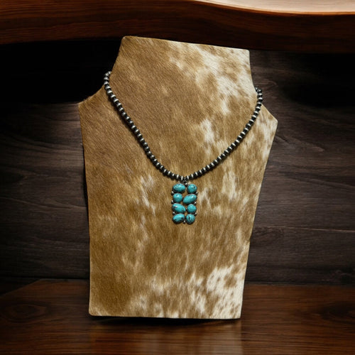 Western Geometric Stone Pendant with Faux Pearl Necklace - 18 inch - Cowhide and Conchos