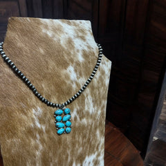 Western Geometric Stone Pendant with Faux Pearl Necklace - 18 inch - Cowhide and Conchos
