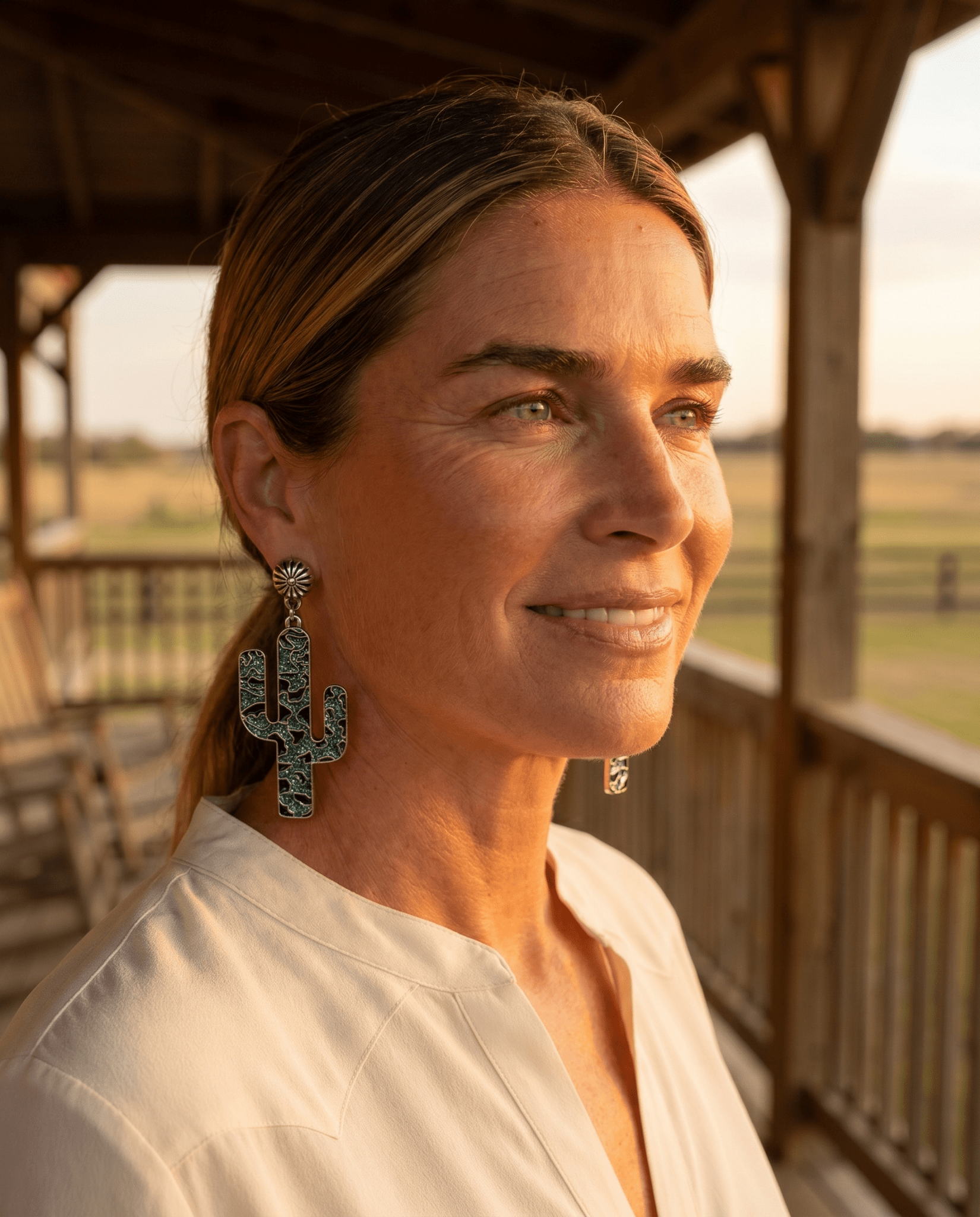 Western Glitter Enamel Cactus Dangle Earrings — Playful 2½" Drop - Cowhide and Conchos
