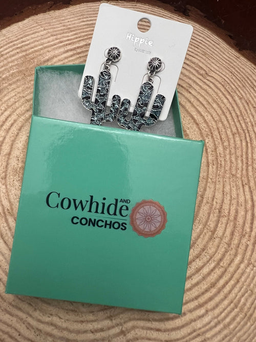 Western Glitter Enamel Cactus Earrings - 2 1/2 inch drop - Cowhide and Conchos