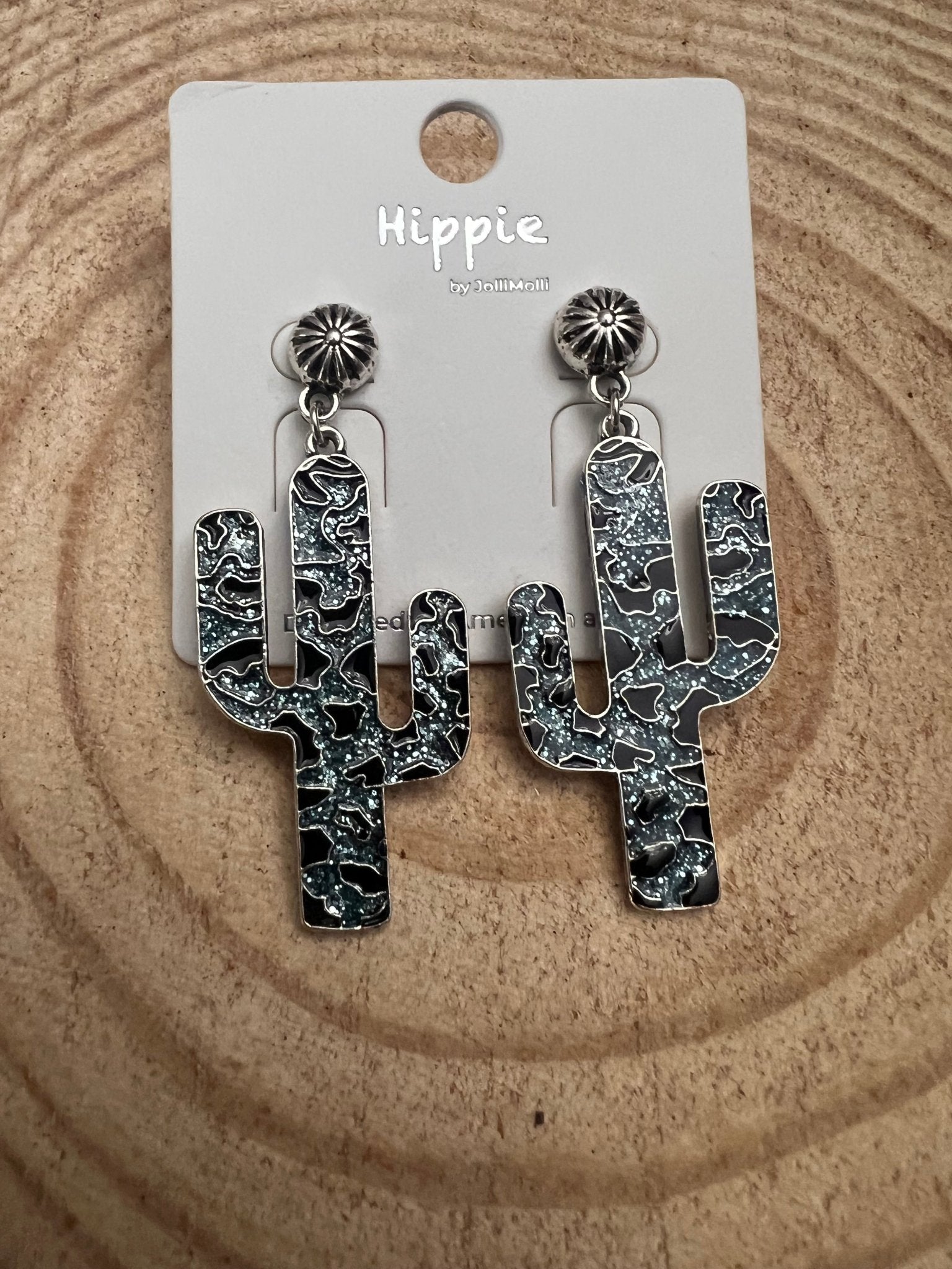 Western Glitter Enamel Cactus Earrings - 2 1/2 inch drop - Cowhide and Conchos