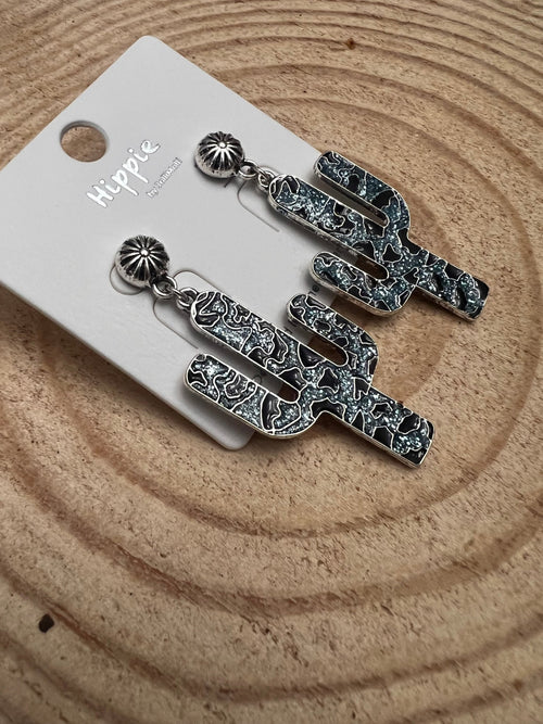 Western Glitter Enamel Cactus Earrings - 2 1/2 inch drop - Cowhide and Conchos