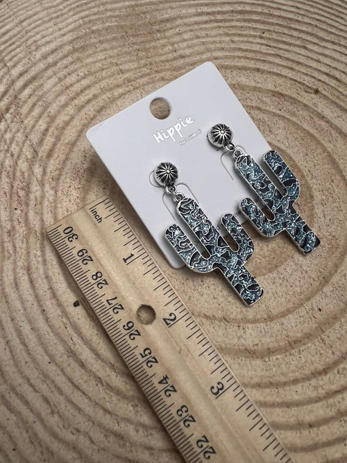 Western Glitter Enamel Cactus Earrings - 2 1/2 inch drop - Cowhide and Conchos