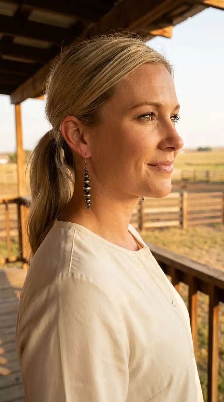 Western Graduated Faux Sterling Pearl Dangle Earrings — 2" Drop - Cowhide and Conchos