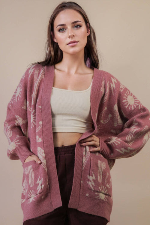 Western Graphic Knit Sweater Cardigan - Cowhide and Conchos
