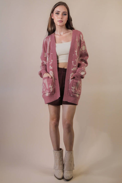 Western Graphic Knit Sweater Cardigan - Cowhide and Conchos