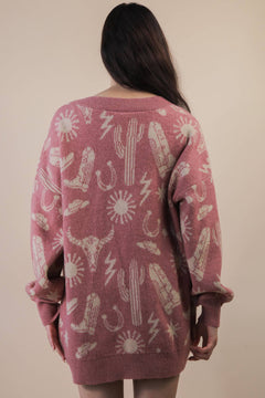 Western Graphic Knit Sweater Cardigan - Cowhide and Conchos