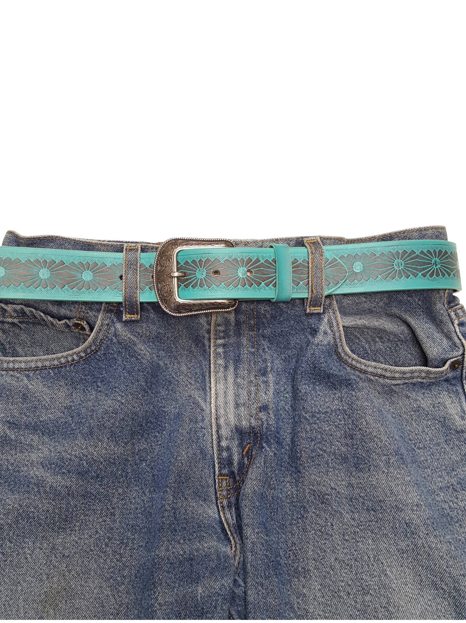 Western Hand Painted floral tooled belt - Cowhide and Conchos