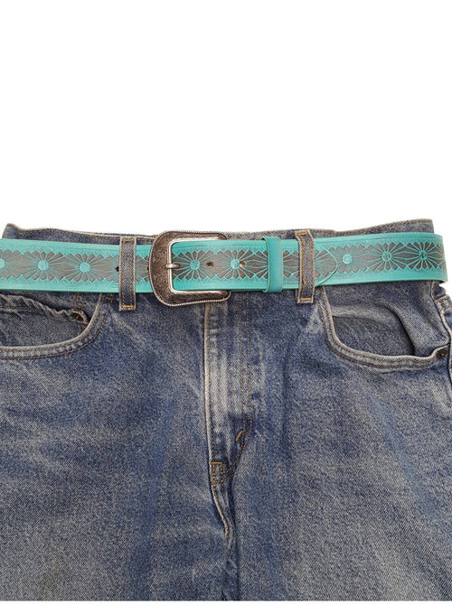 Western Hand Painted floral tooled belt - Cowhide and Conchos
